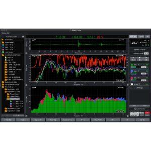 Smaart v9 audio analysis software showing real-time frequency response and spectrograph measurement screens