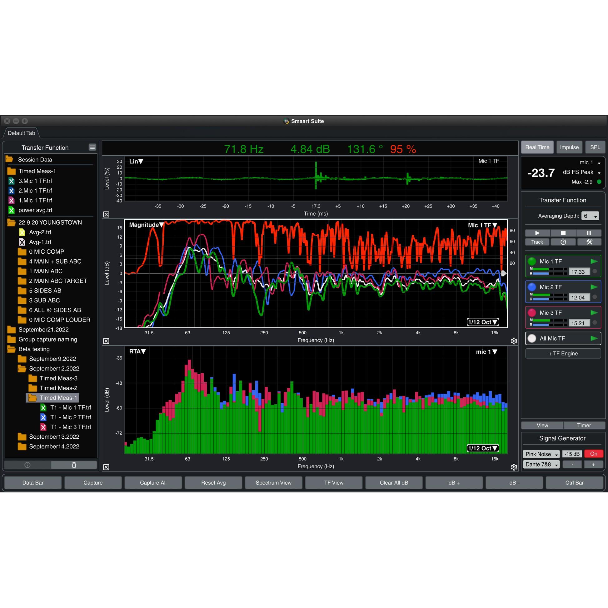 Smaart v9 audio analysis software showing real-time frequency response and spectrograph measurement screens