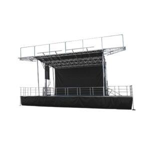 Stageline SL100 mobile stage product view with black backdrop, guard rails, and stage skirt